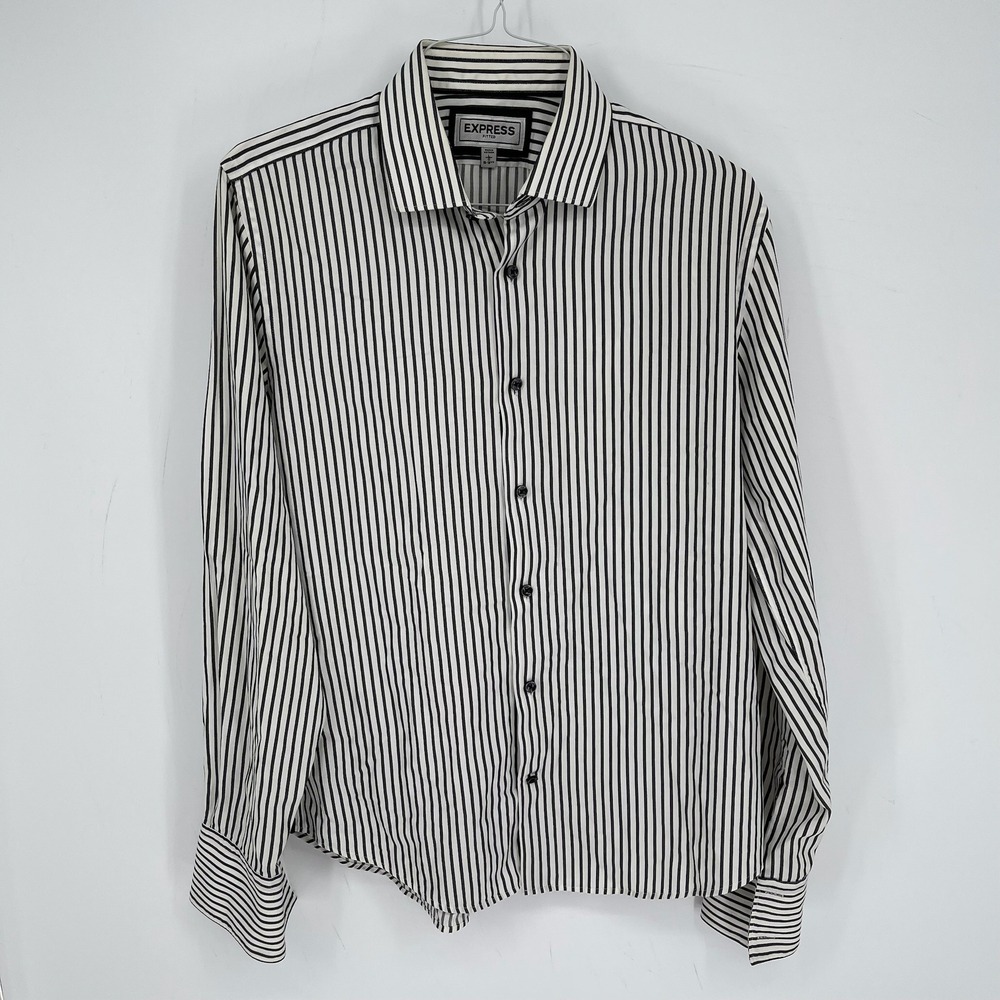 Express Y2K Men's White Black Striped Fitted Long Sleeve Button Up Shirt Size L
